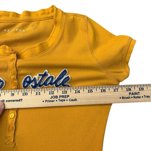Y2K Aeropostale Logo Henley Tshirt Medium Short Sleeve Ribbed Knit Slim Fit - Picture 7 of 9